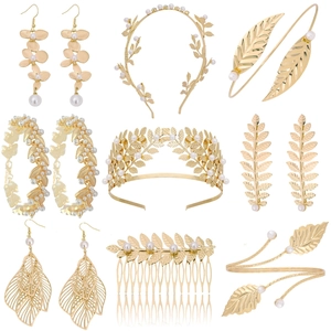 Luxe Baroque Or Feuille Künstliche Perle Bandeau Boucles d'Oreilles Brassard Collier Déesse Grecque Floral Bijoux de Mariée pour Mariage Fête Femme