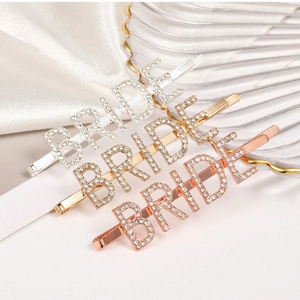 Three-piece set of BRIDE rhinestone letter hair pins in silver, gold and rose gold finish