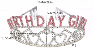 Detailed dimensions of silver birthday girl crown with pink rhinestones for parties