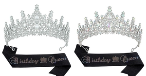 Detail of silver alloy tiara with rhinestones and black glittery Birthday Queen sash