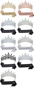Collection of crystal tiaras and glittery Birthday Queen sashes in assorted colors