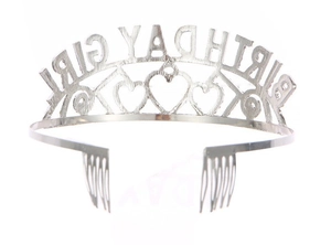 Silver birthday girl tiara detail featuring crystal lettering and side hair combs