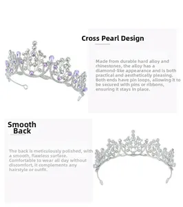 Detailed view of silver alloy birthday crown with purple rhinestones and pearl accents