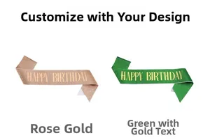 Dettaglio delle fasce Happy Birthday glitterate in oro rosa e verde in tessuto