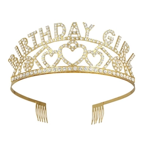 Golden Birthday Girl crown headband with sparkling rhinestones and heart details