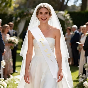 Close-up of white satin sash with gold Bride to Be lettering and scalloped edges