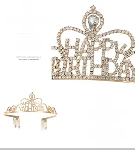 Detail of gold birthday crown with white rhinestones and secure integrated hair combs