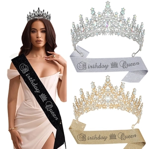 Birthday Queen Crystal Crown And Glitter Sash Set Alloy Rhinestone Tiara Sash For Women Birthday Party Decorations Jewelry