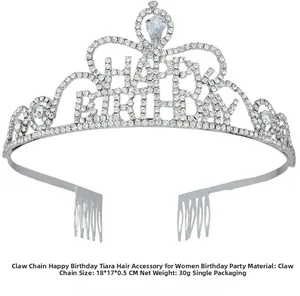 Detail of silver birthday crown featuring Happy Birthday lettering and rhinestone accents