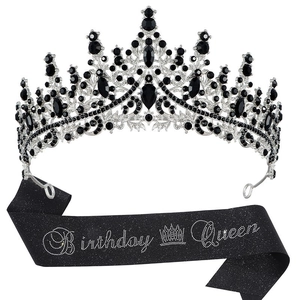 Birthday Queen set featuring a silver crystal tiara and a black glitter satin sash