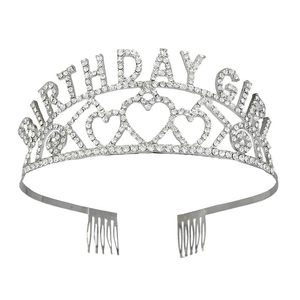 Detail of silver birthday girl crown featuring sparkling rhinestones and heart shapes