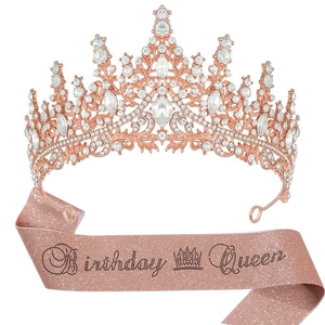 Rose gold birthday queen set with crystal crown tiara and glitter satin sash for party