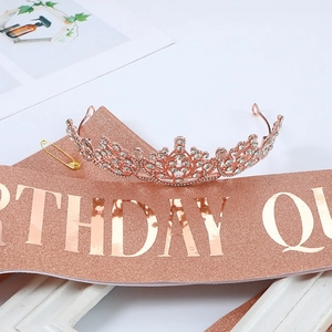 Rose gold Birthday Queen sash with sparkling glitter and rhinestone tiara gift set