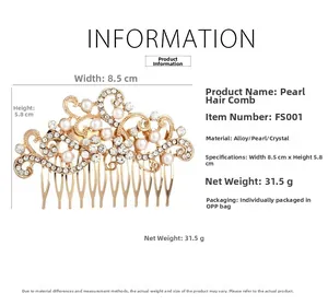 Detail view of pearl and rhinestone flower hair comb with dimensions 8.5cm by 5.8cm