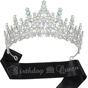 Birthday Queen set with silver crystal crown and black rhinestone sash for party
