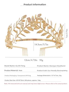 Detail shot of golden olive leaf bridal crown with precise dimensions and plating info