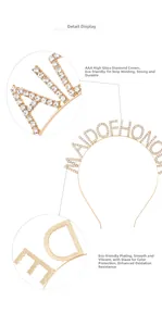 Macro detail of rhinestone letters and gold plated headband for maid of honor wedding hair