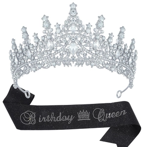 Birthday Queen set with silver crystal crown and black glitter sash for party decor
