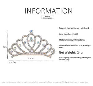 Fiche détaillée du peigne couronne argenté 7.5x4cm orné de strass avec dimensions