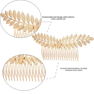 Detail view of gold alloy leaf hair comb showing intricate vein texture and plating