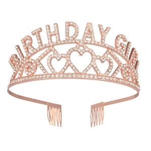 Sparkling rose gold Birthday Girl headband crown with glittery crystals and hearts