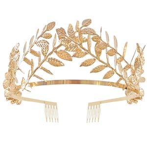 Baroque Golden Metal Leaf Bridal Tiara Crown With Hair Combs Greek Goddess Laurel Wreath Headband For Wedding Party Women