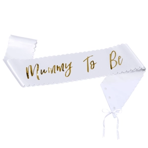 Elegant white satin Mummy To Be sash with gold lettering and scalloped edges for baby showers