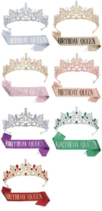 Showcase of seven diverse colorful rhinestone tiaras with matching birthday queen sashes