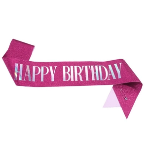 Fascia Happy Birthday rosa glitterata con scritte olografiche e spilla di sicurezza