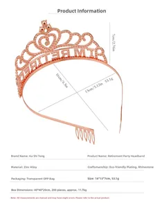Couronne de fête de retraite or rose avec cristaux et spécifications de taille