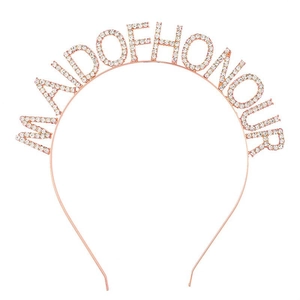 Rose gold rhinestone headband with MAID OF HONOUR script for bridal party events