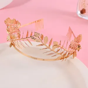 Elegant gold leaf crown bridal headband featuring double-sided laurel leaf design in alloy