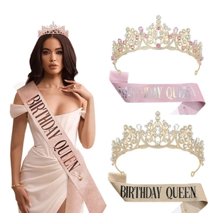 Birthday Queen Crown Sash Set For Women Rhinestone Tiara Glitter Sash Birthday Party Decorations Accessories Gift