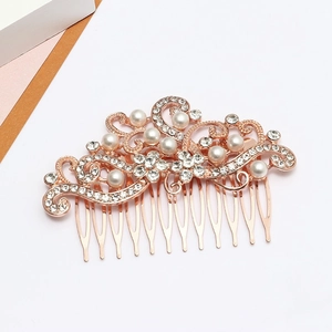 Rose gold bridal hair comb with elegant alloy flowers, pearls and sparkling rhinestones