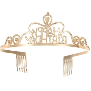 Golden Birthday Tiara with Rhinestones and Happy Birthday Lettering on a Metal Band