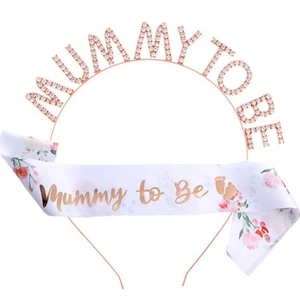 Serre-tête Mommy to Be or rose et écharpe en satin blanc pour baby shower