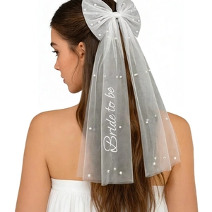 White Bridal Hair Bow Veil With Bride To Be Embroidery And Artificial Pearls Elegant Mesh Hair Clip For Bachelorette Party Wedding Women Hair Accessory