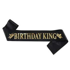 Black satin Birthday King sash with gold foil lettering for men's party celebration