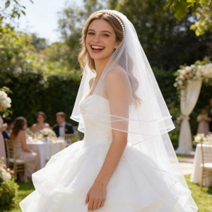 Detail of bridal veil featuring pearl headband with double-layered sheer white mesh