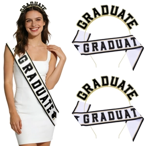 Gold graduate headband and white sash set with black and gold lettering for graduation