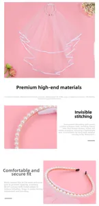 Detailed close-up of pink bridal veil headband featuring pearl beads and soft ribbon edge