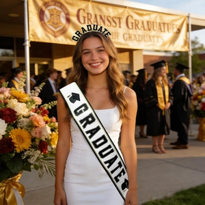 Graduation set with white satin Graduate sash and matching golden headband for seniors