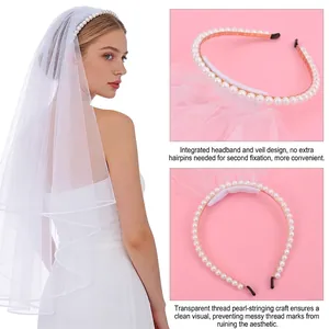 Elegant white bridal veil with pearl headband and multi-layer tulle for wedding party