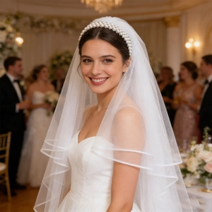 Detailed view of bridal pearl headband with white double-layer tulle veil and piped edges