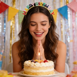 Serre-tête Happy Birthday en métal coloré porté par un mannequin dans une fête d'anniversaire