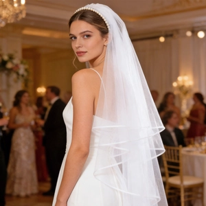 Detail of multi-layer white bridal veil with wavy satin edge and pearl headband