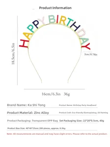 Dimensions détaillées du serre-tête Happy Birthday en alliage de zinc avec lettres colorées