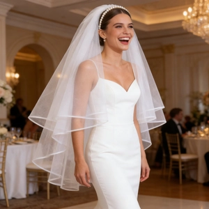 Detail of elegant double-layered bridal veil with satin edges and pearl headband accessory