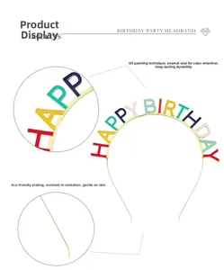 Détails du serre-tête Happy Birthday avec lettres colorées et placage doré de qualité