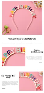 Détail des lettres Happy Birthday colorées en émail sur un serre-tête en alliage
